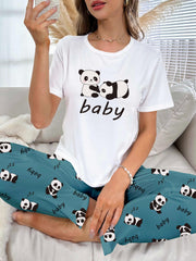 Panda Print Pajama Set Short Sleeve Top & Pants