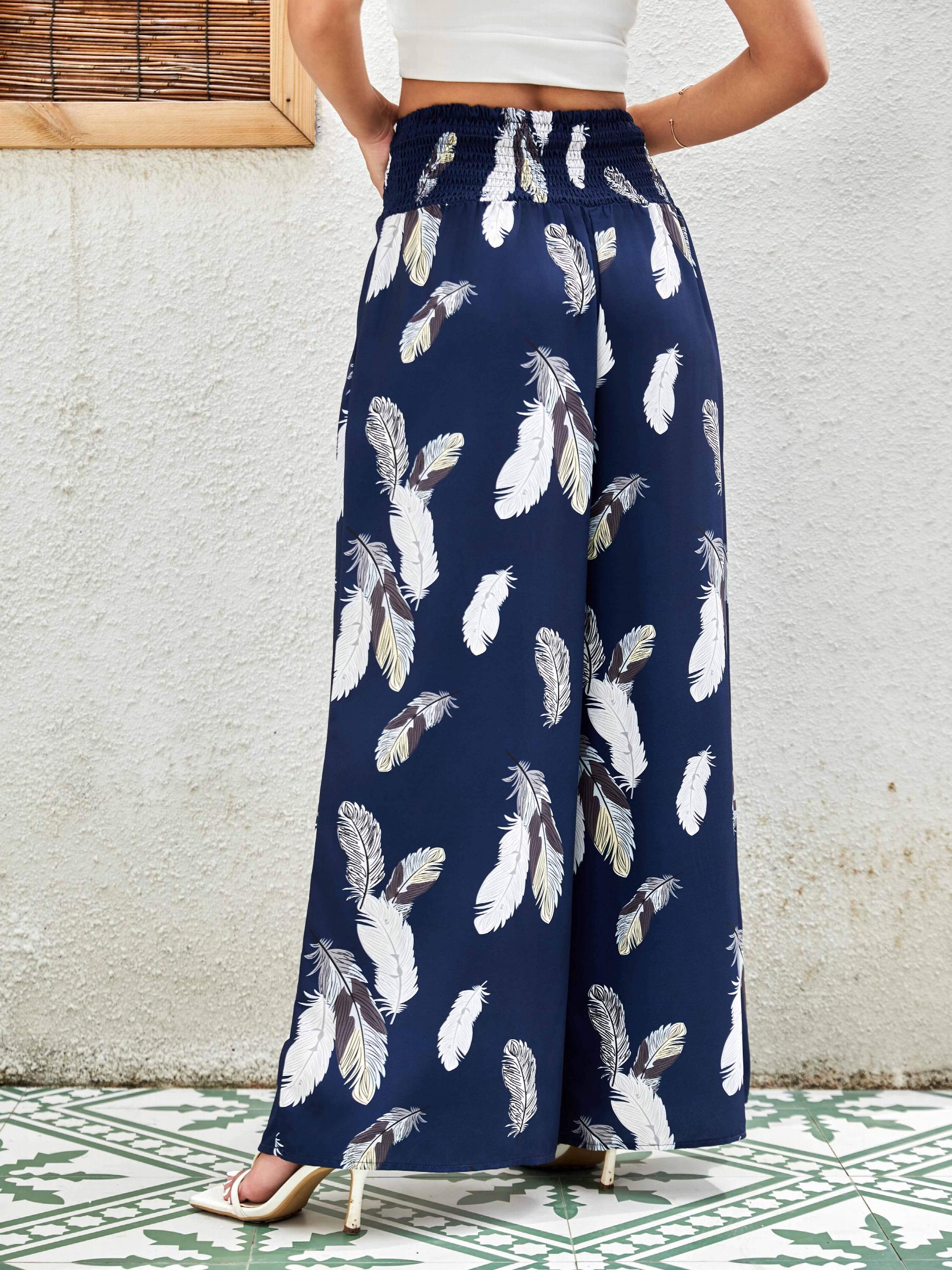 Feather Print Shirred Waist Pants Wide Leg Summer Pants