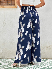 Feather Print Shirred Waist Pants Wide Leg Summer Pants