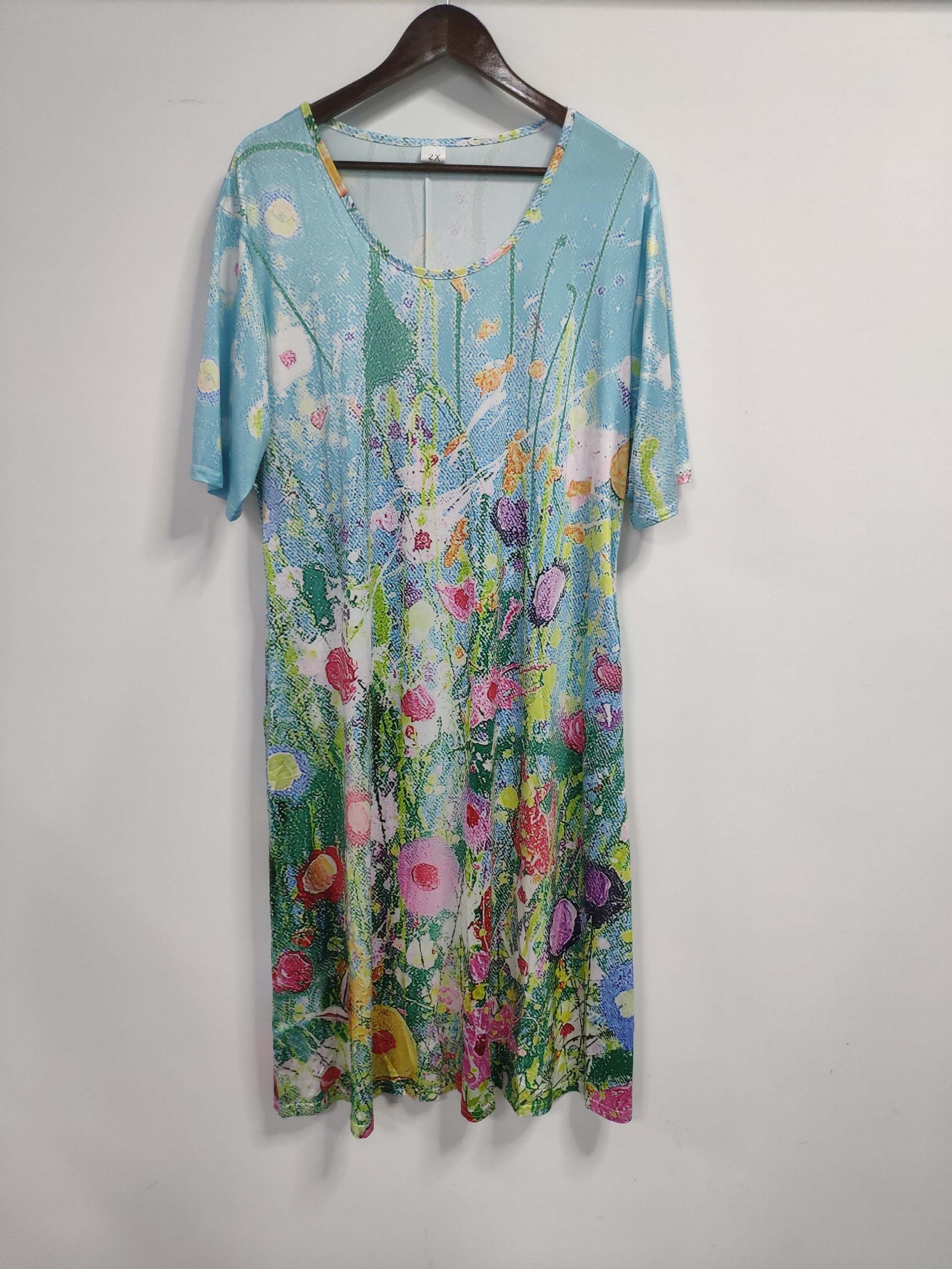 Floral Painting Print Short Sleeve Round Neck Dress With Pockets