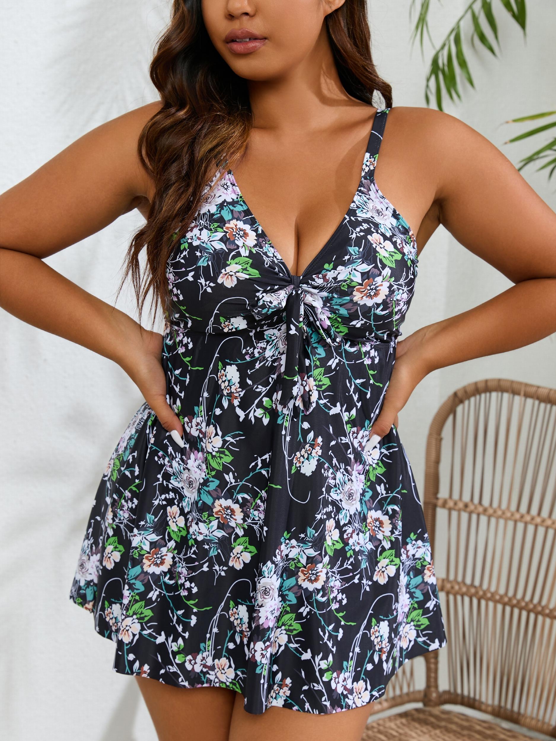 Floral Print Tankini Set Tie Front Peplum Cami Top & Underwear