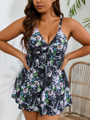 Floral Print Tankini Set Tie Front Peplum Cami Top & Underwear