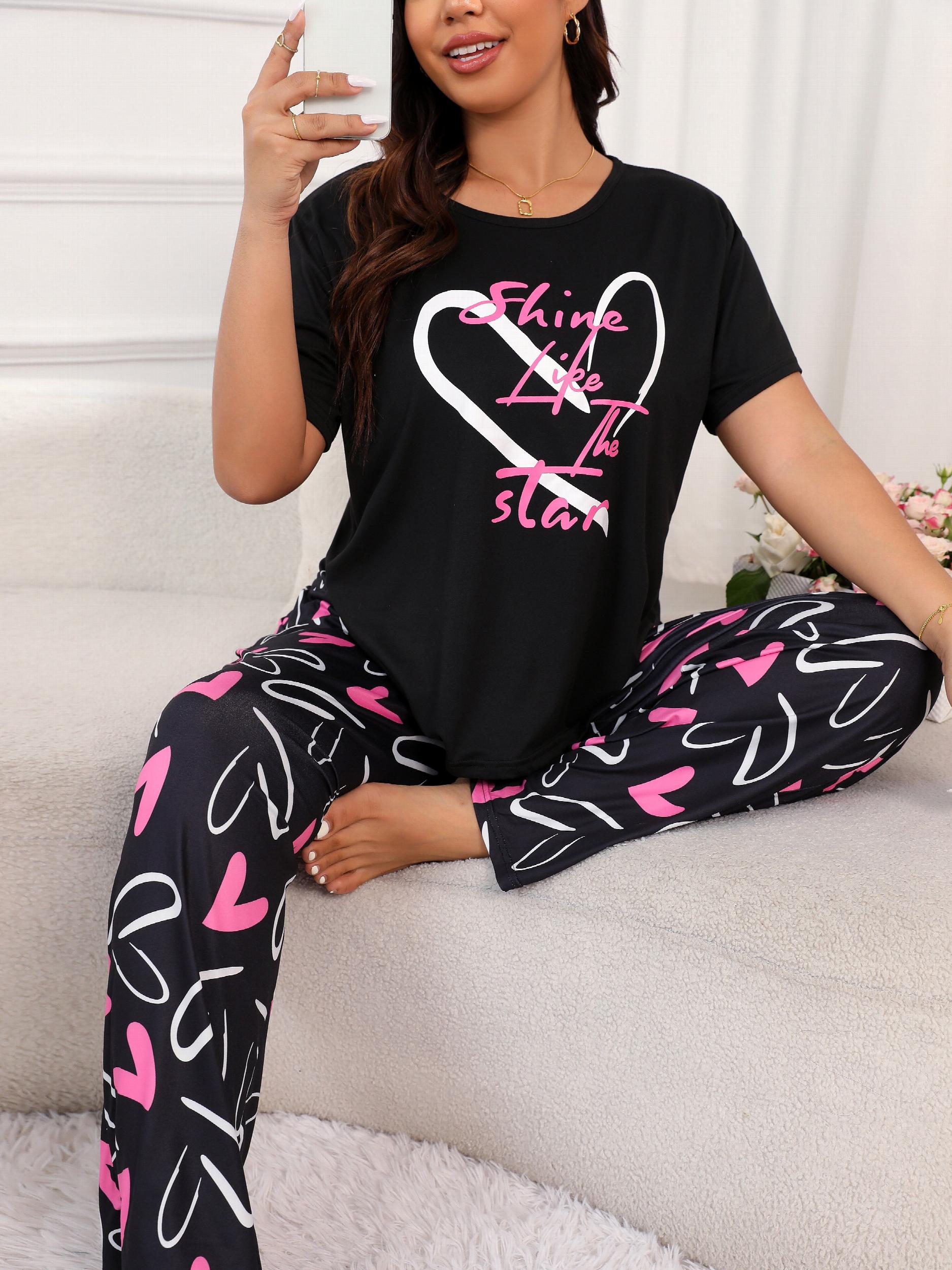 Heart & Art Print Tee & Pants Pajama Set