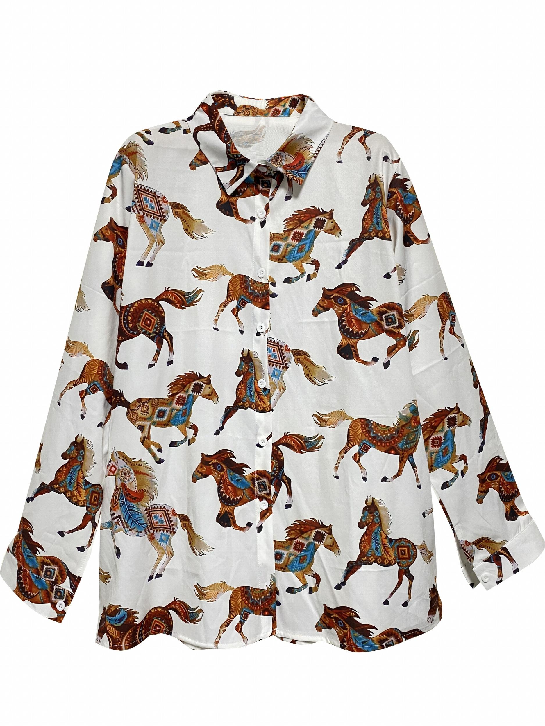 Horse Print Button Up Long Sleeve Blouse