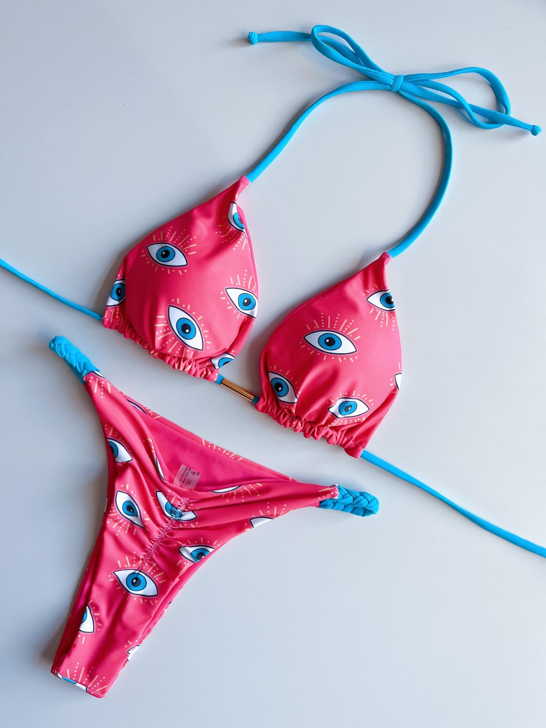Tropical Print Bikini Set Halter V Neck High Cut Thong 2 Piece Swimwear