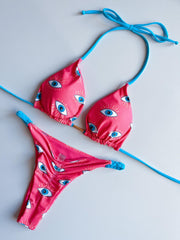 Tropical Print Bikini Set Halter V Neck High Cut Thong 2 Piece Swimwear
