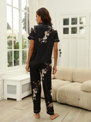 Floral Print Pajamas Set V Neck Short Sleeve Blouse Top & Elastic Waist Shorts