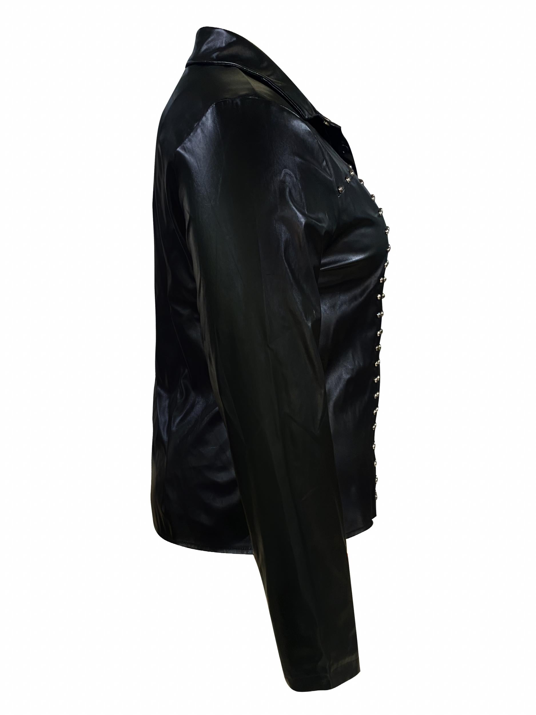 Punk Blouse Faux Leather Button Down Long Sleeve Turn Down Collar