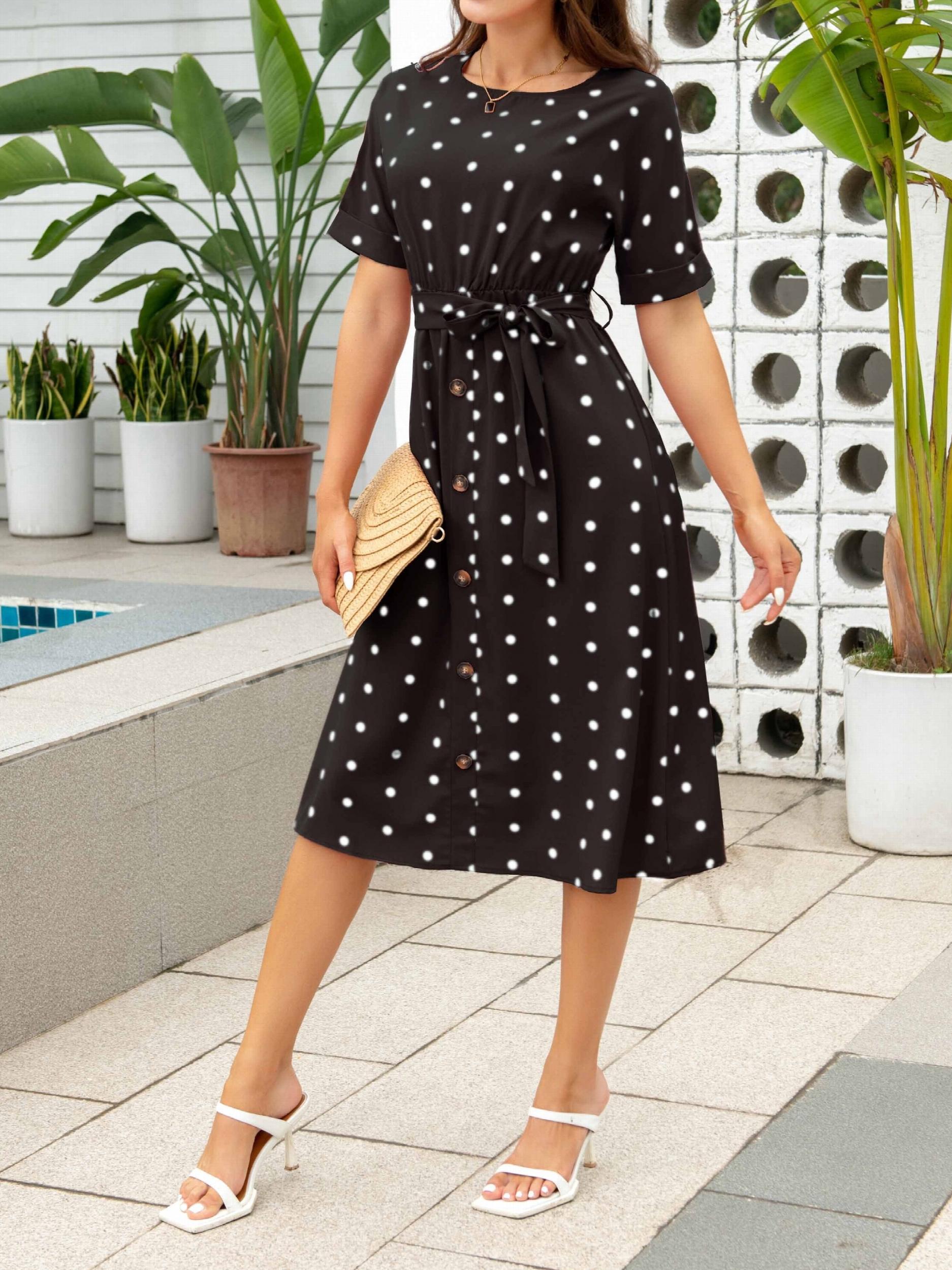 Polka Dot Crew Neck Dress Short Sleeve Knee Length Dress Women's Clothing