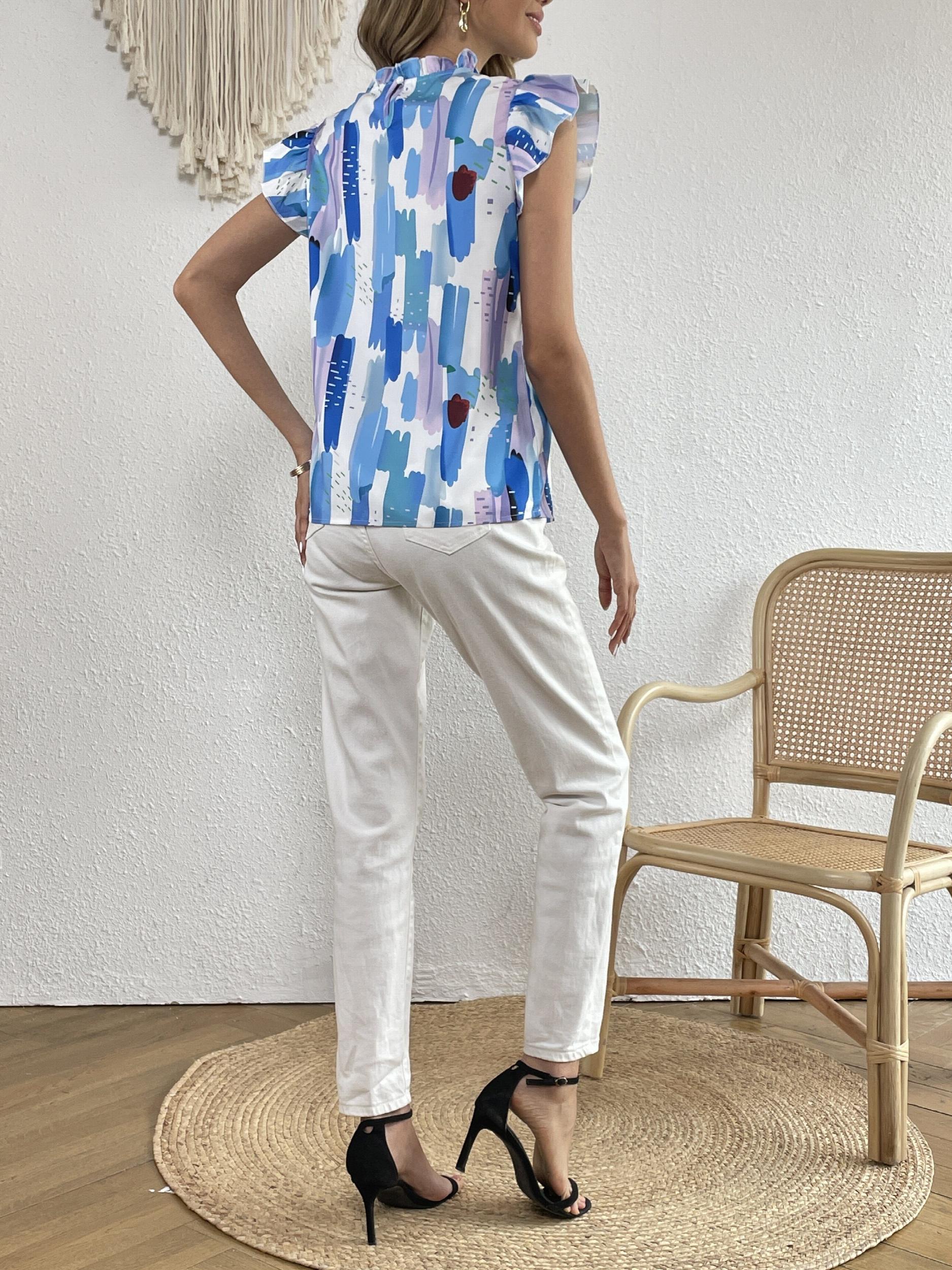 Printed Ruffle Trim Top Stand Collar Cap Sleeve Casual
