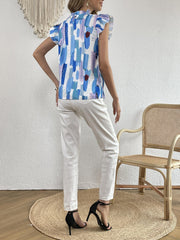 Printed Ruffle Trim Top Stand Collar Cap Sleeve Casual