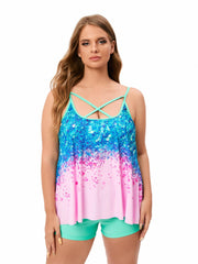Women's Plus Size Sequin Print Criss Cross Tankini Set