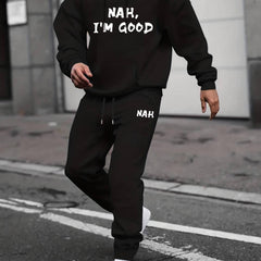 Men's Casual Crew Neck Long Sleeve T Shirt Hooded Sweatshirt Set