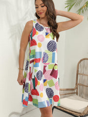 Geometric Print Dress Crew Neck Sleeveless Tank Dress For Summer