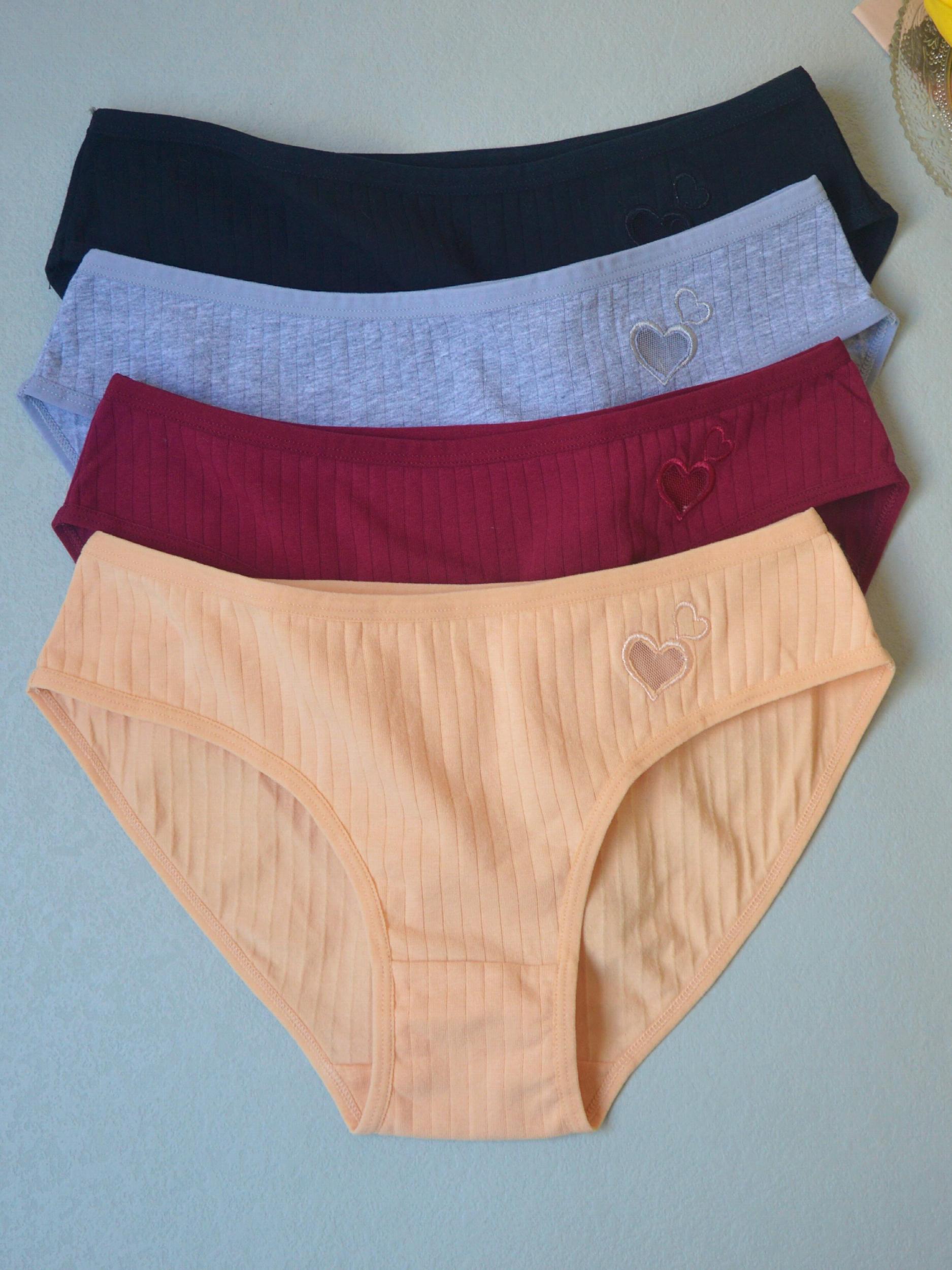 4 Pcs Heart Embroidery Briefs Soft & Comfy Panties Women's Lingerie