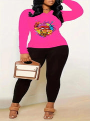 Lip & Butterfly Print Top & Leggings Set Long Sleeve V Neck