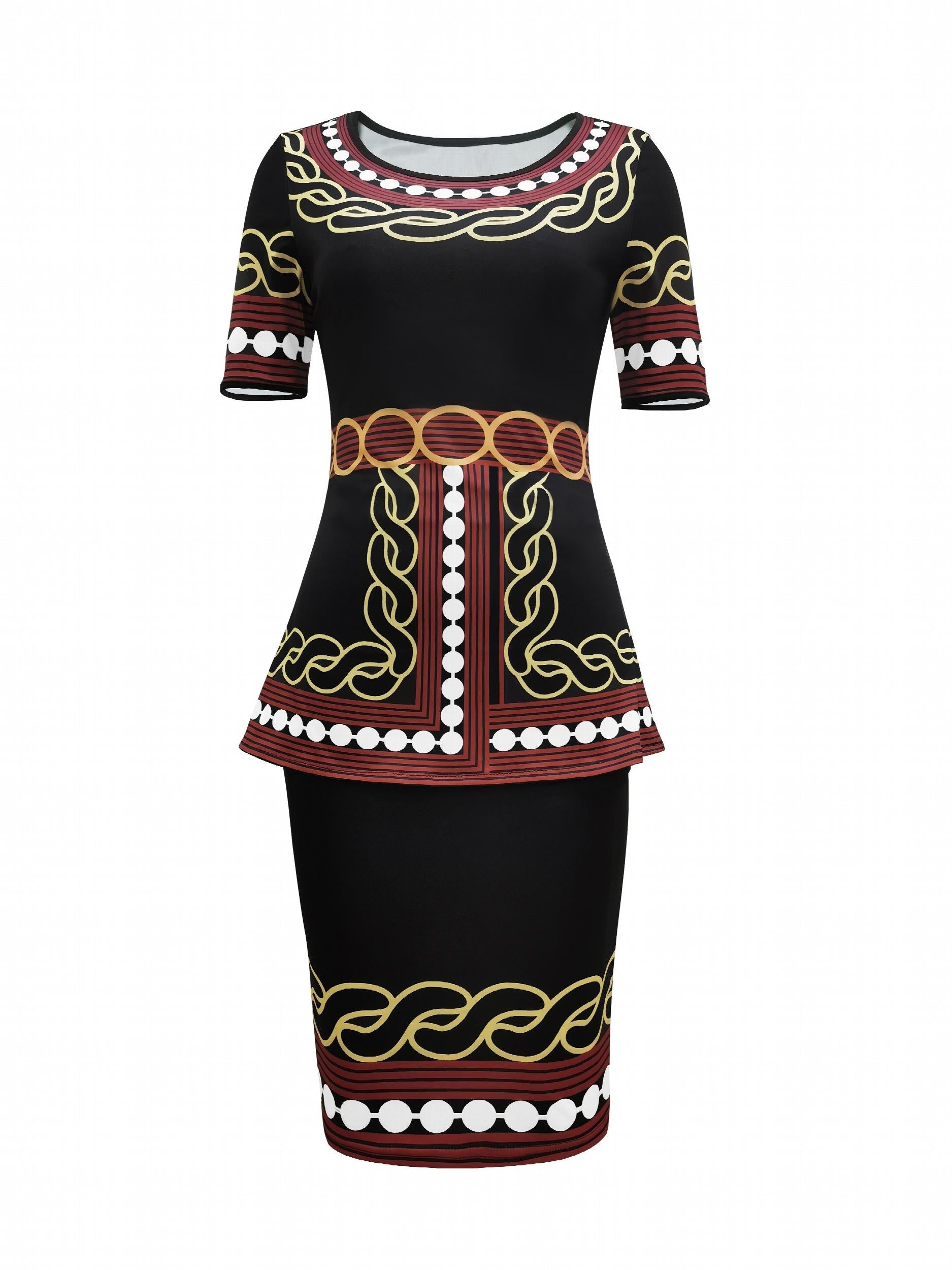 Abstract Print Casual Two Piece Set Short Sleeve Tops & Midi Skirts