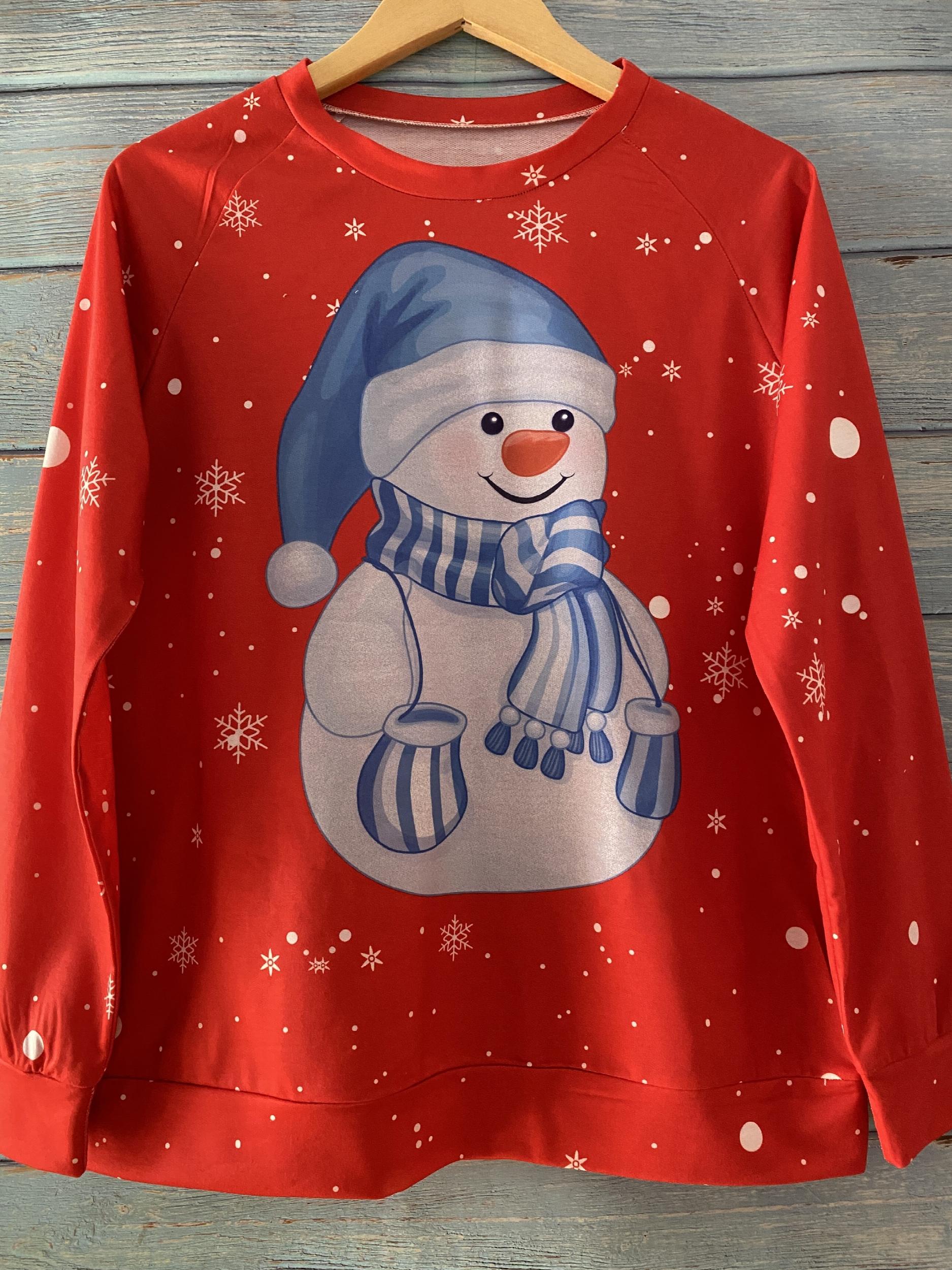 Snowman Print Crew Neck Pullover Sweatshirt for Women