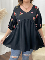 Floral Print V Neck Half Sleeve Peplum Blouse Women's Plus Casual Loose Fit Tops