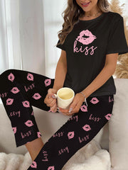 Lips Print Pajama Set Short Sleeve Crew Neck Top & Elastic Waistband Pants