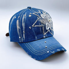 Rhinestone Flower Decor Baseball Cap Washed Distressed Denim Sun Hat