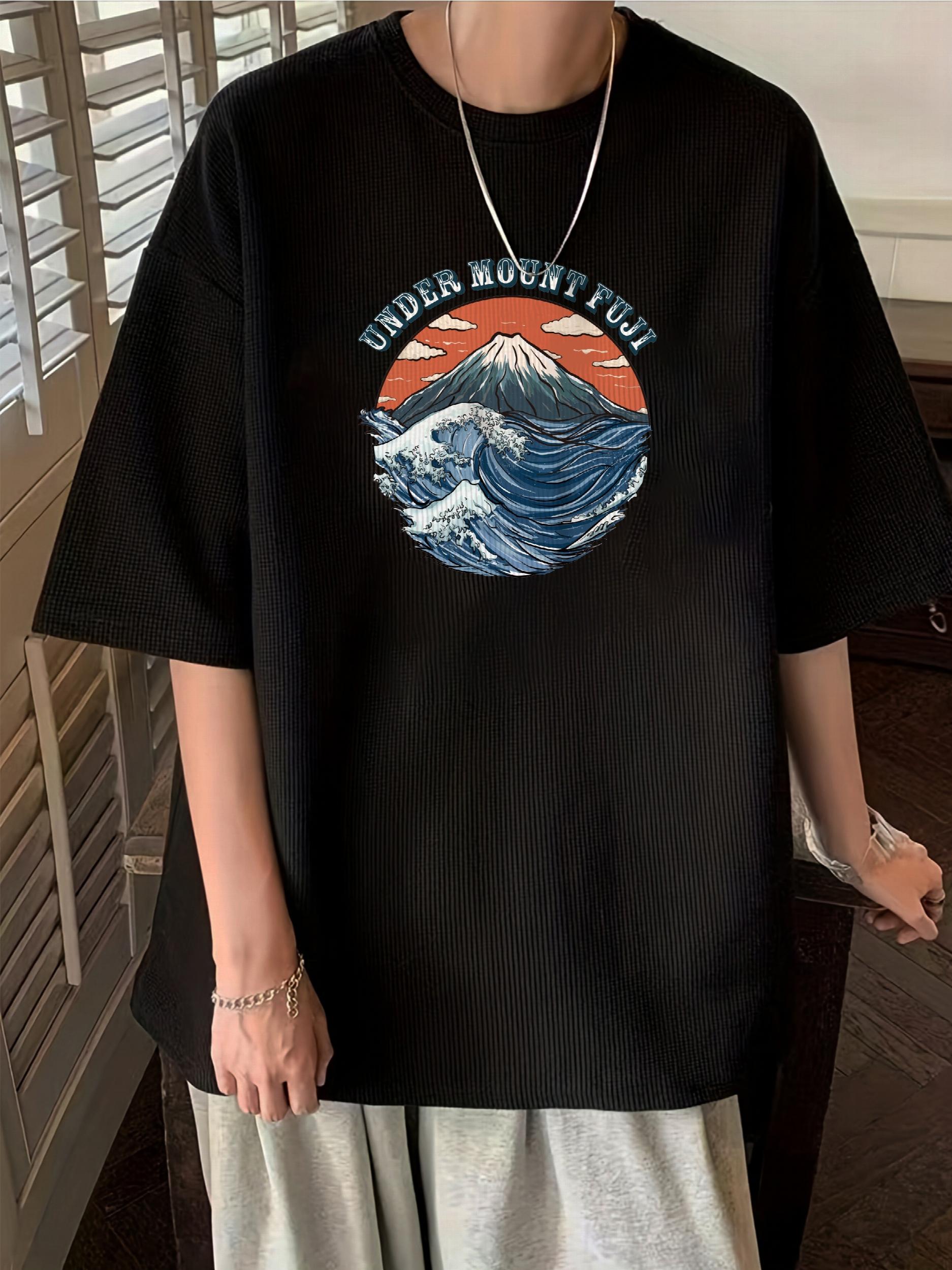 Mountain Print Waffle Sports T shirt Short Sleeve Crew Neck Top W