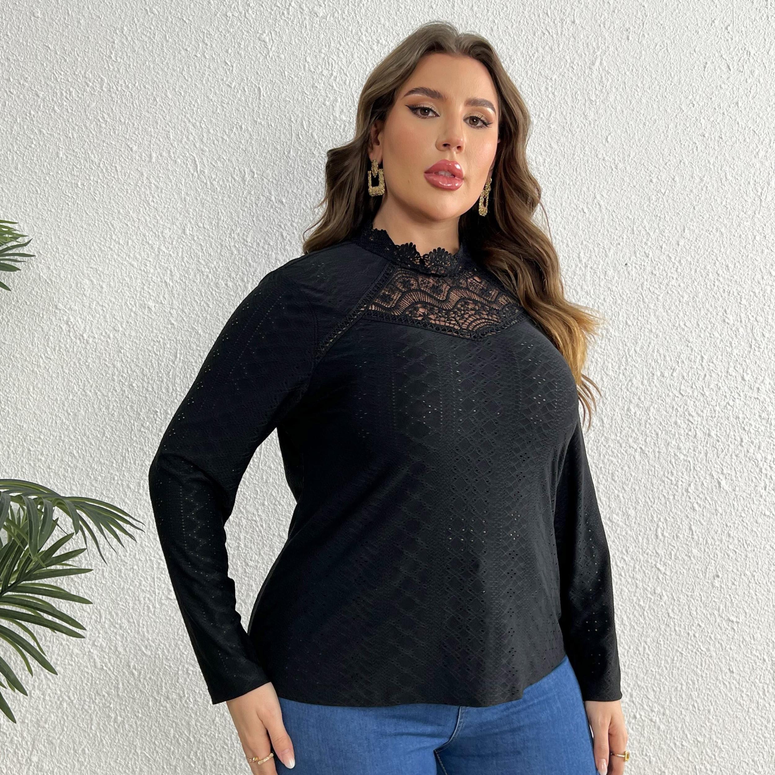 Lace Eyelet Embroidered Blouse Long Sleeve Floral Trim