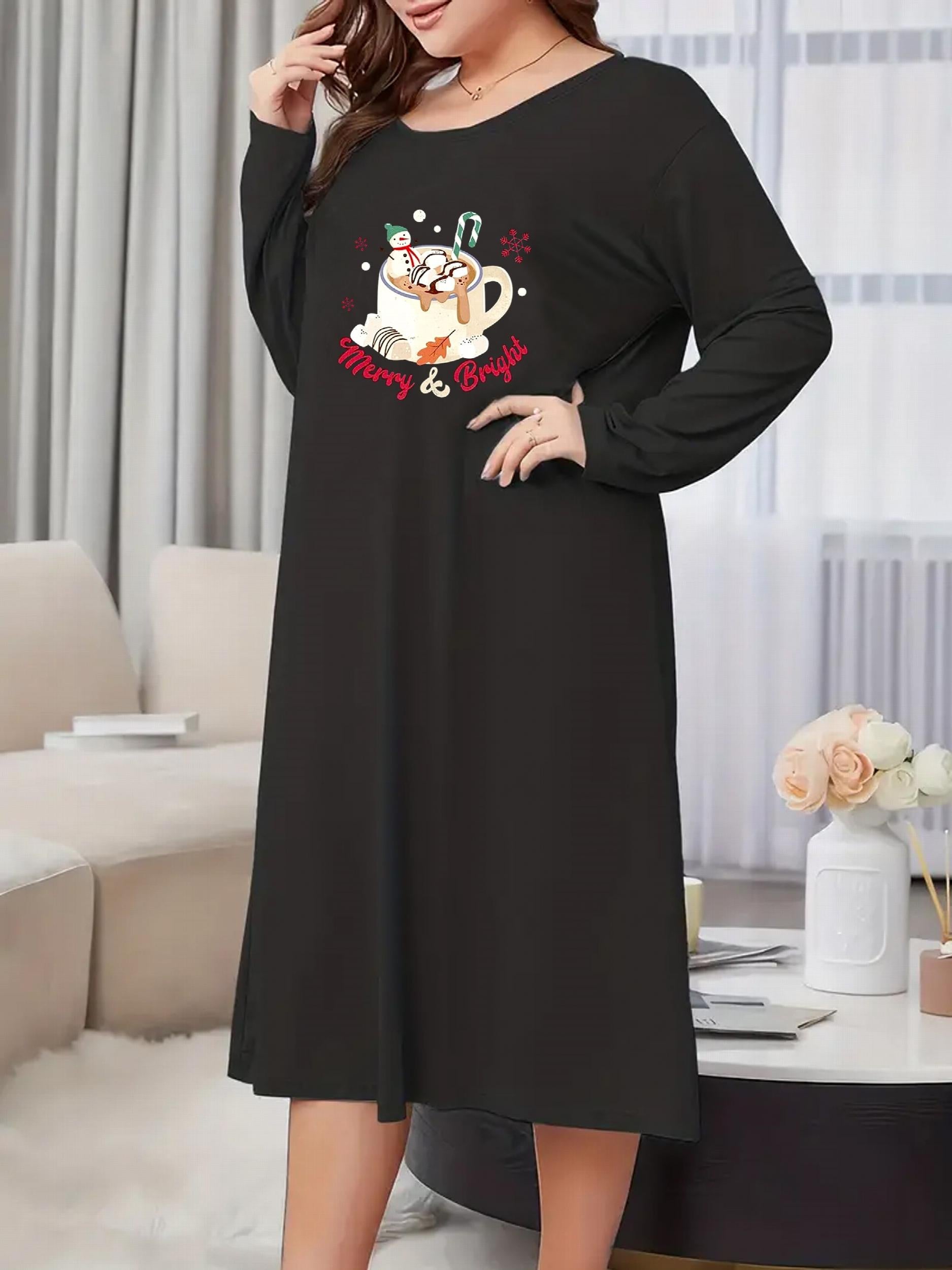 Snowman & Cup Print Long Sleeve Nightdress