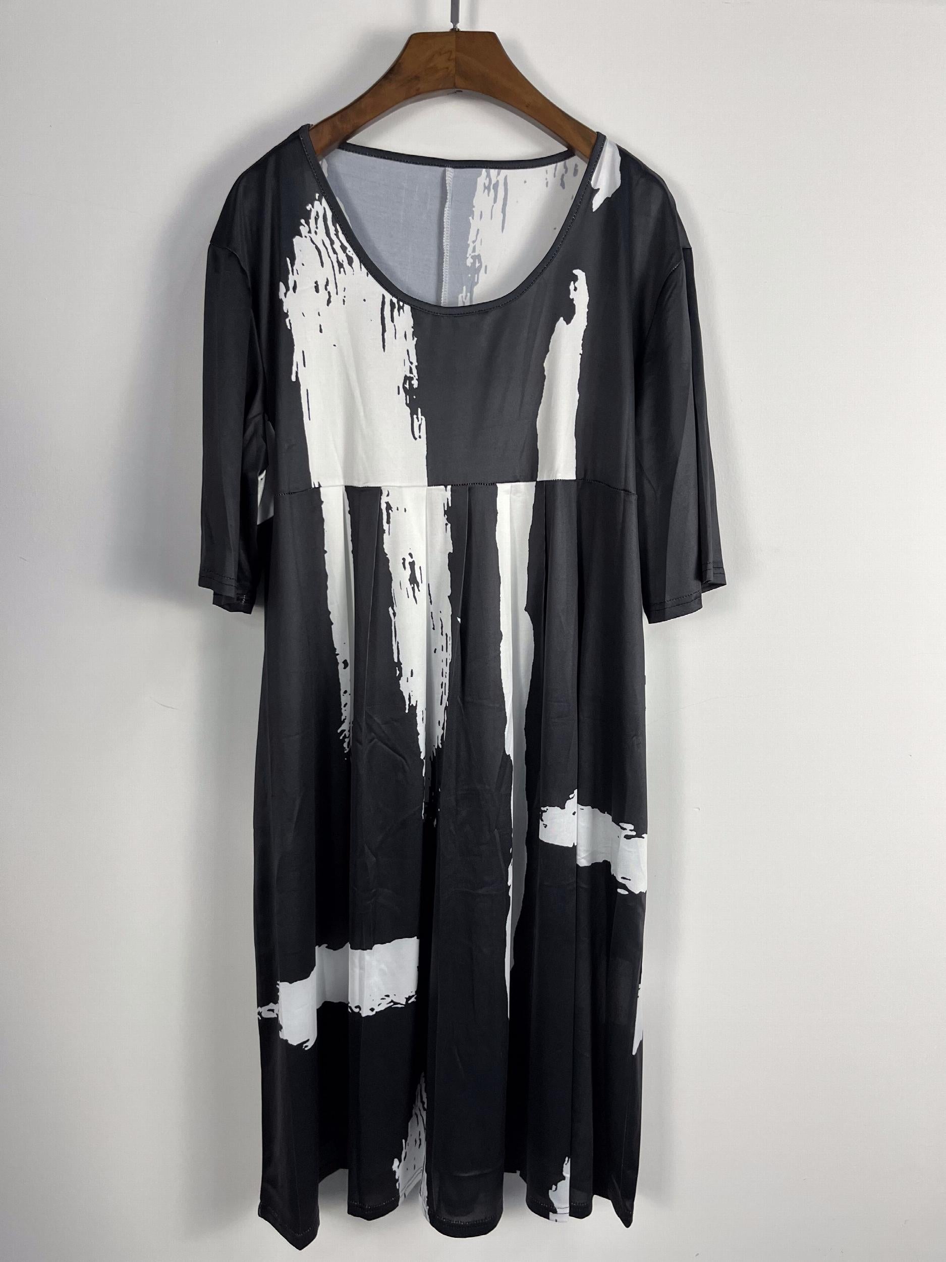 Brush Print Short Sleeve Stretch Dress With Pockets