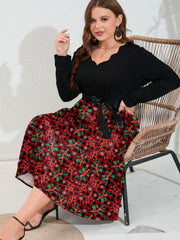 Colorblock Floral Print Scallop Trim Dress