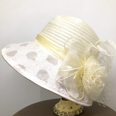 Embossed Organza Sun Hat Wide Brim Derby Hat Mesh Flower Decor