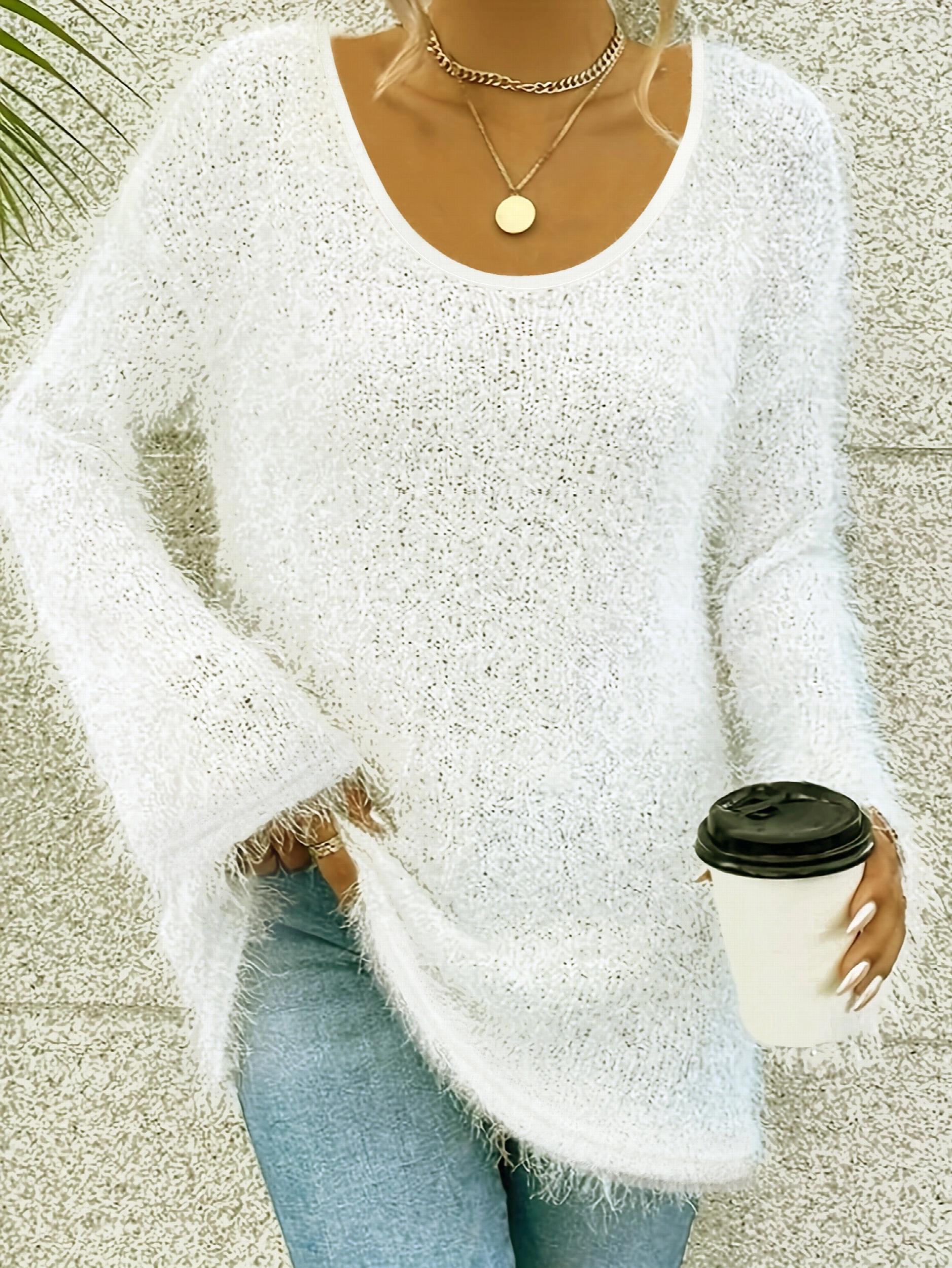Solid Eyelash Long Sleeve Round Neck Jumper