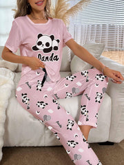 Panda Print Pajama Set Short Sleeve Top & Pants
