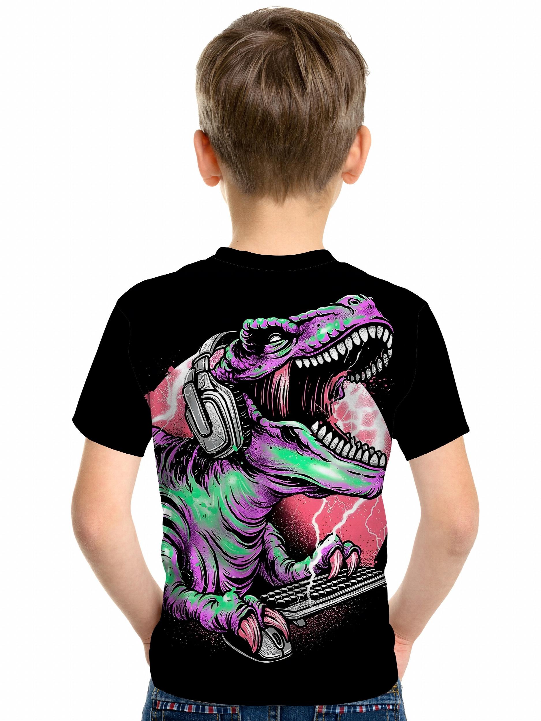 Dino Play Computer Print Boy's Casual Tees Short Sleeve T-shirt