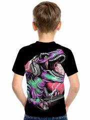 Dino Play Computer Print Boy's Casual Tees Short Sleeve T-shirt