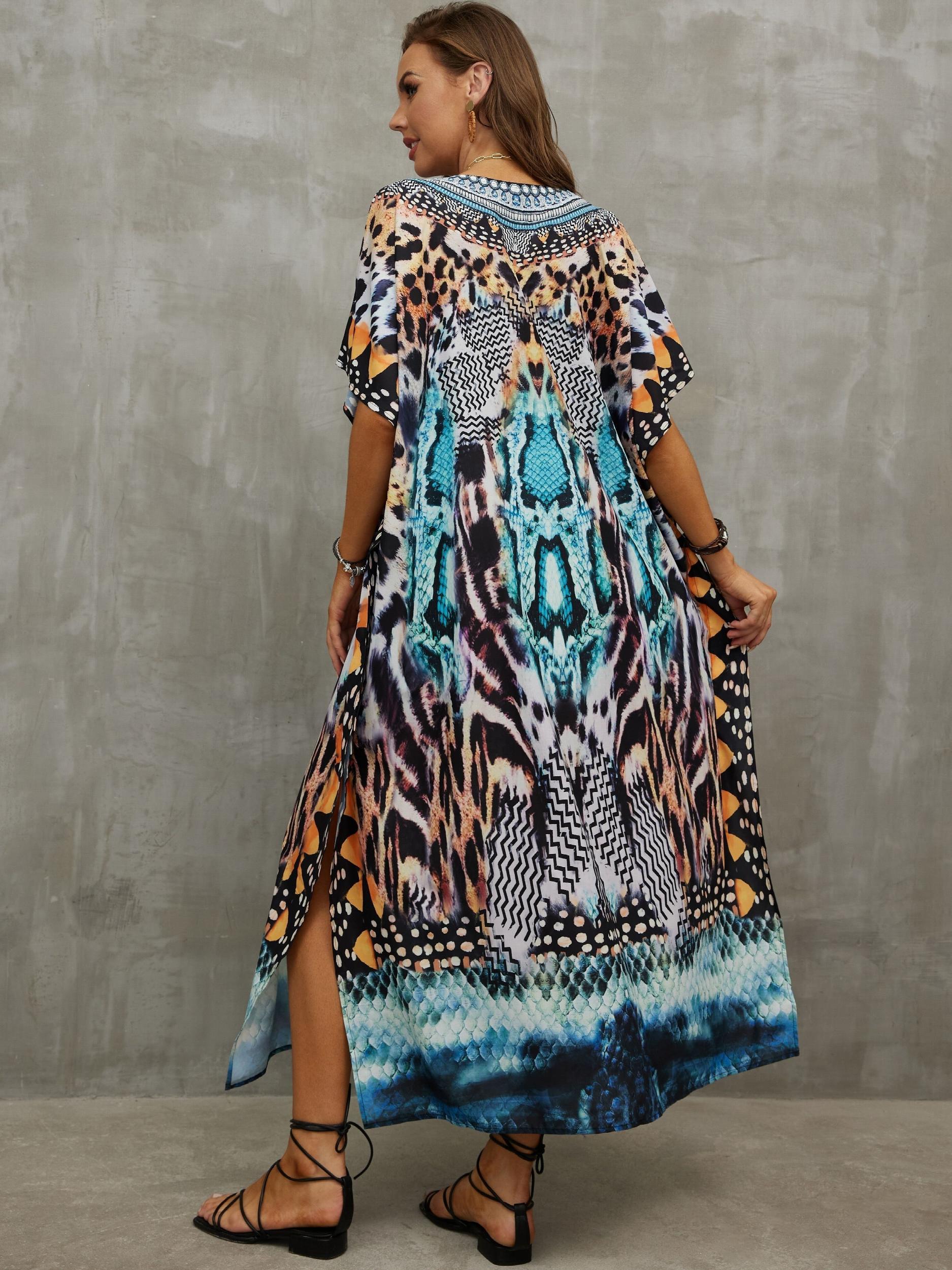 Boho Cover Up Dress Women's Plus Animal Skin Print Tassel Decor