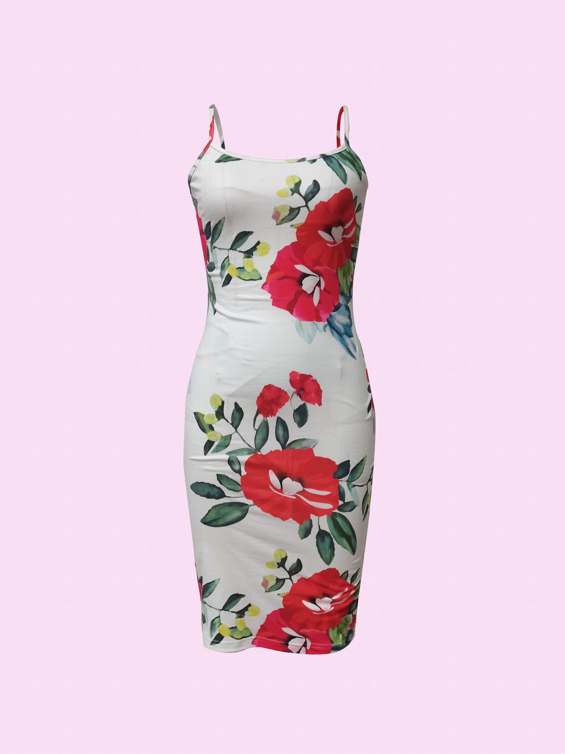 Floral Print Bodycon Dress Spaghetti Strap Knee Length