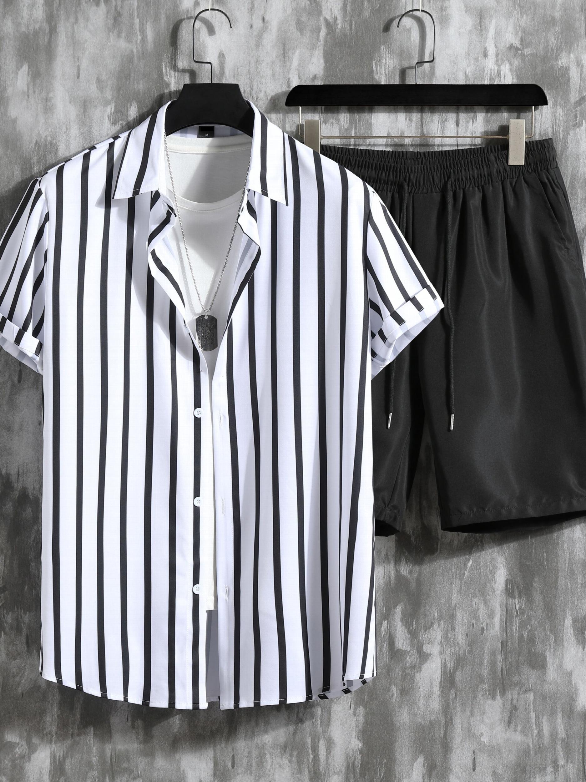 Men's Vertical Striped 2Pcs Casual Outfits Camp Collar Button Up Shirts & Drawst