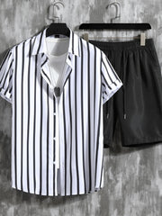 Men's Vertical Striped 2Pcs Casual Outfits Camp Collar Button Up Shirts & Drawst