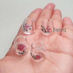 4pcs Glass Cups with Floral Patterns for Dollhouse Kitchen