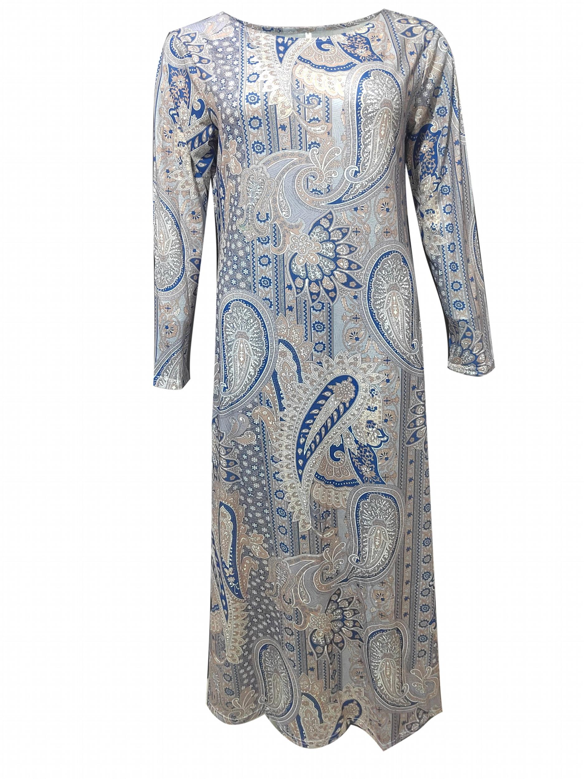 Paisley Print Maxi Dress Long Sleeve Boho Crew Neck Dress