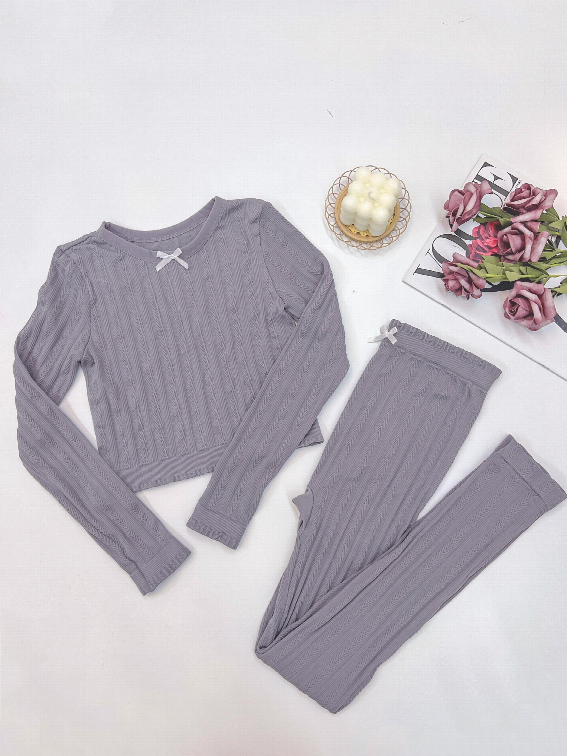 Solid Textured Pajama Set Long Sleeve Crew Neck Top & Stretchy Pants