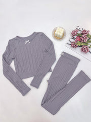 Solid Textured Pajama Set Long Sleeve Crew Neck Top & Stretchy Pants