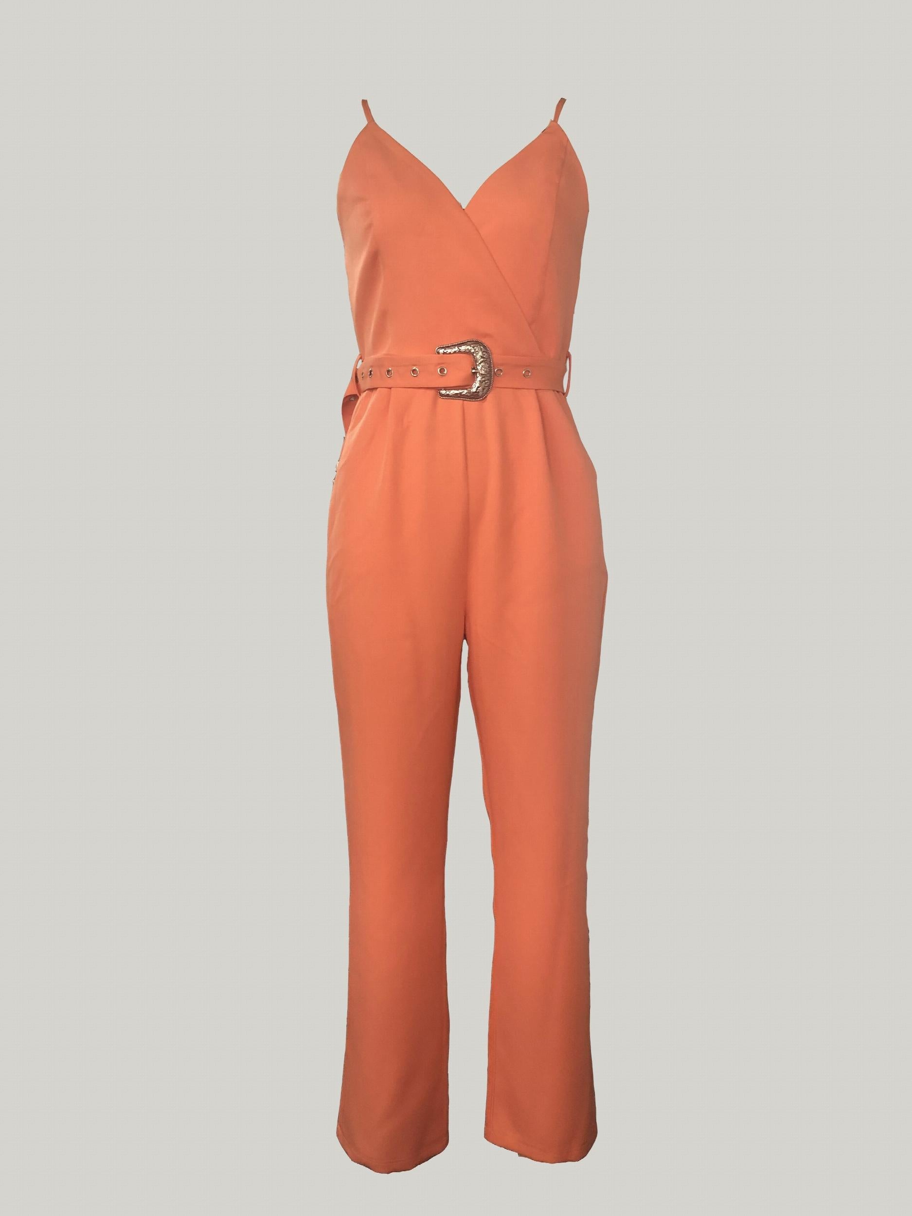 V Neck Belted Cami Jumpsuit for Women