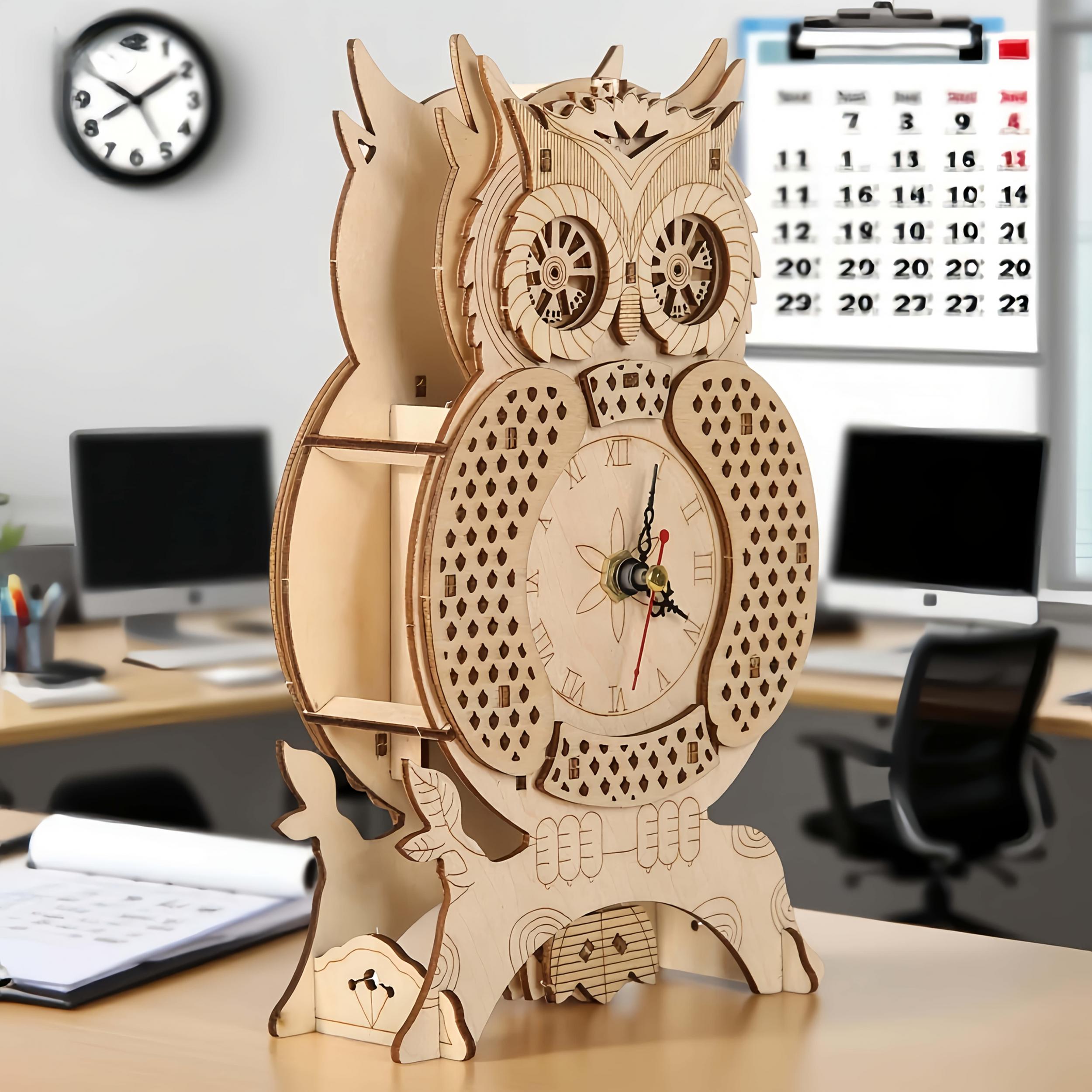 3D Vintage Owl Wooden Puzzle Clock DIY Model High Difficulty Assembly
