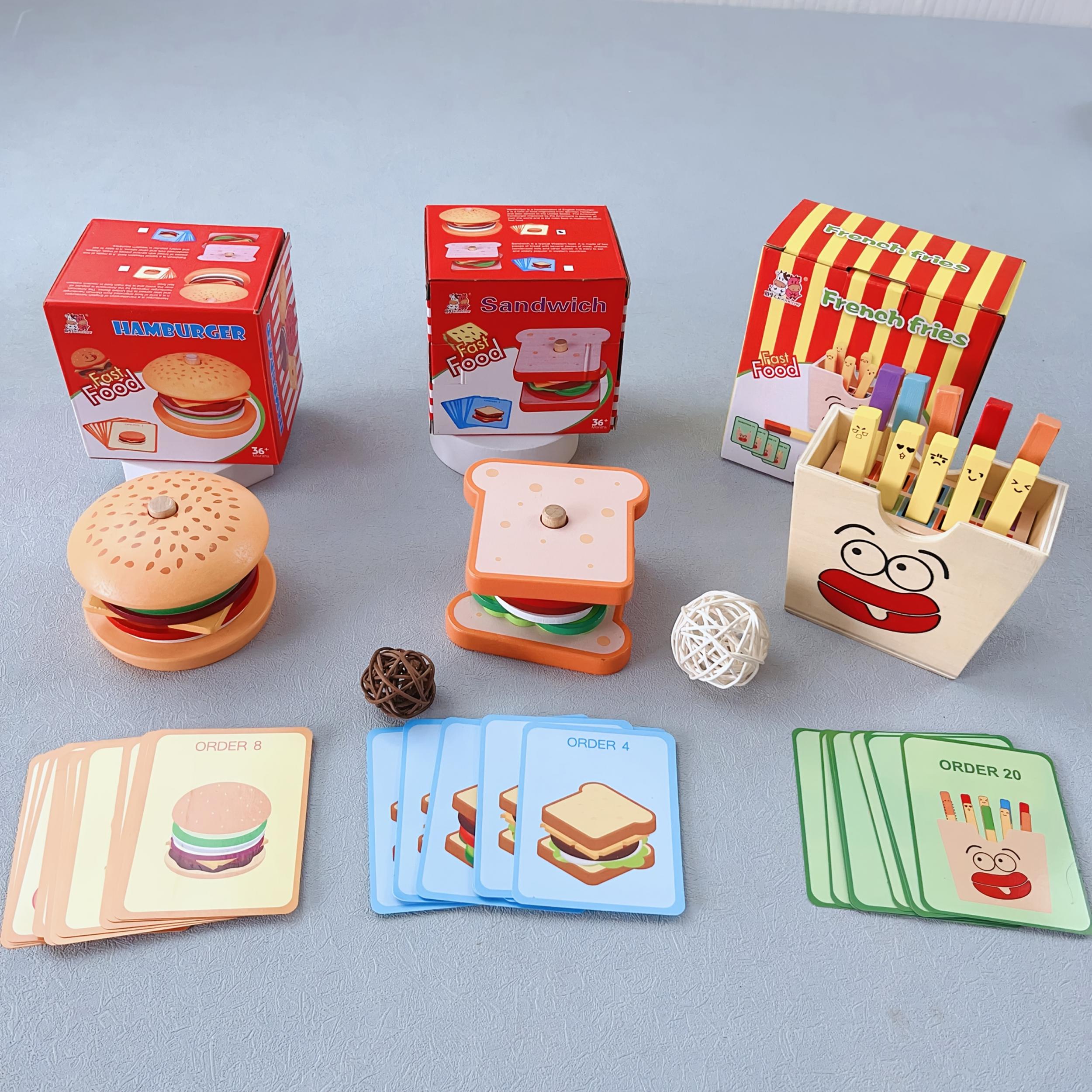 Wooden Playhouse Burger Fries Sandwich Set Matching Puzzle Food Cutting Toy