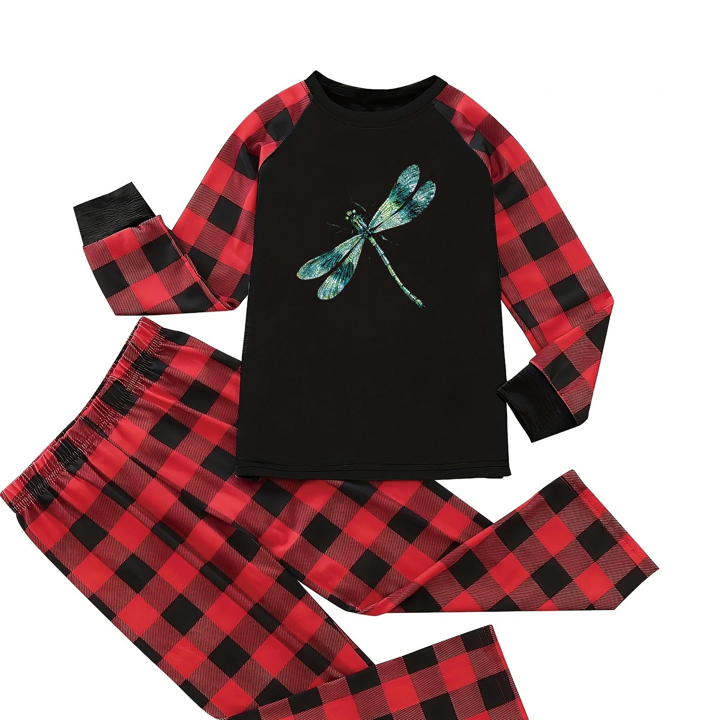 Plus Size Dragonfly & Plaid Print Pajama Set Raglan Tee & Pants Lounge Set