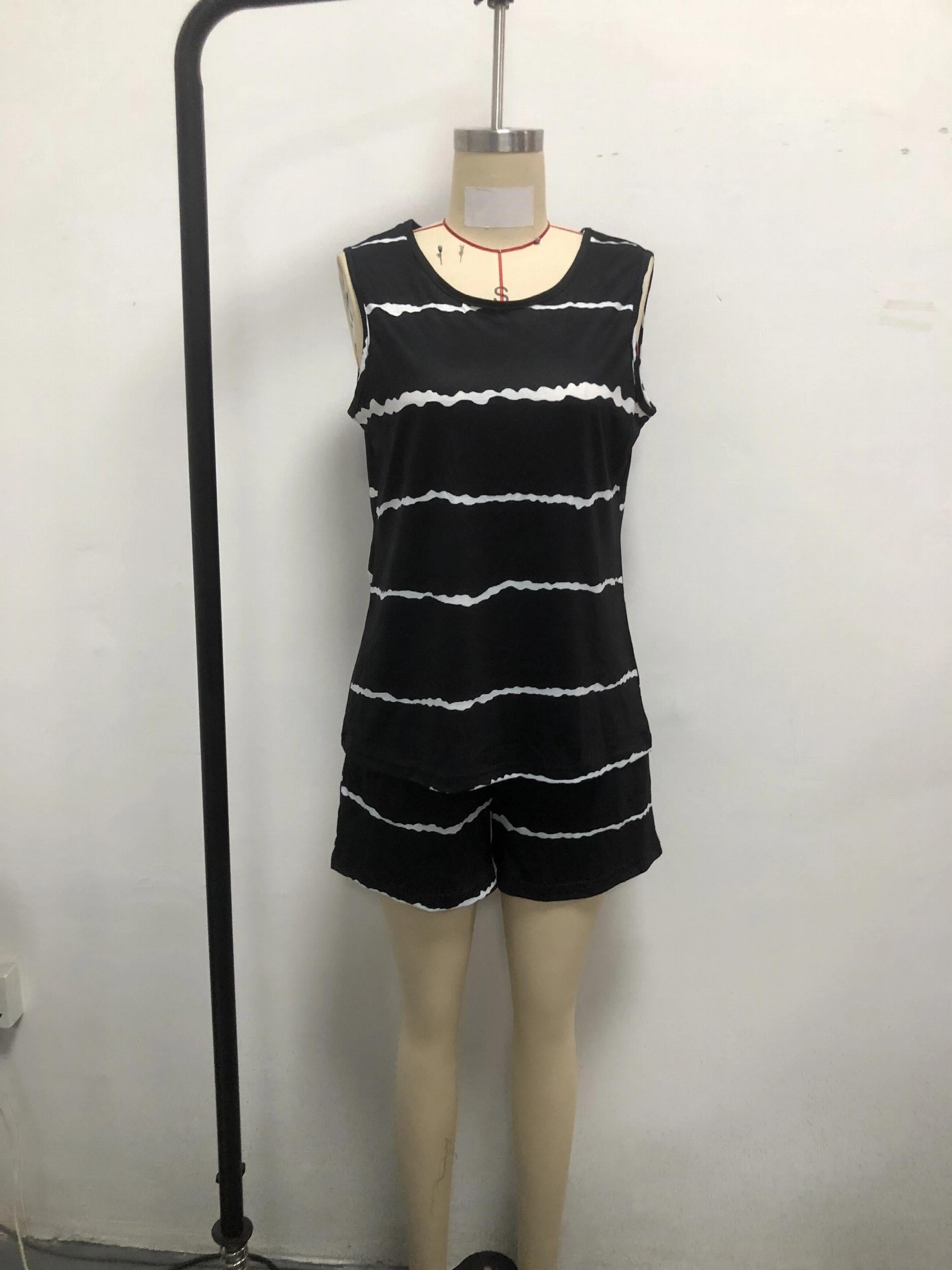 Striped Print Casual Two piece Set Crew Neck Sleeveless Tank Top & Shorts