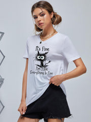 Cartoon Cat V Neck T-shirt for Women