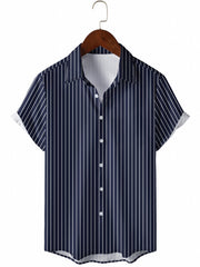 Men's Vertical Striped Camp Collar Bowling Shirt Short Sleeve Summer Hawaiian